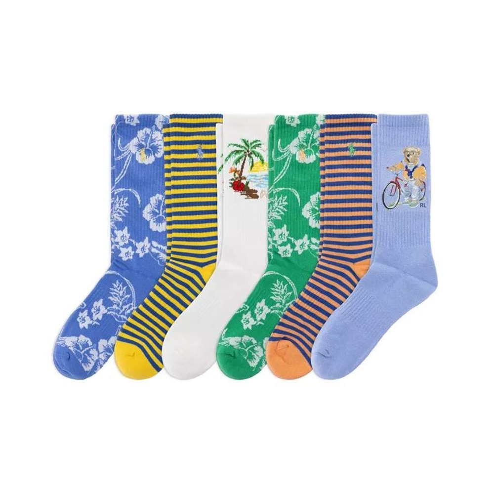 Polo Ralph Lauren Mens 6 Pair Crew Socks Tropical Bear Pony Logo~NIP